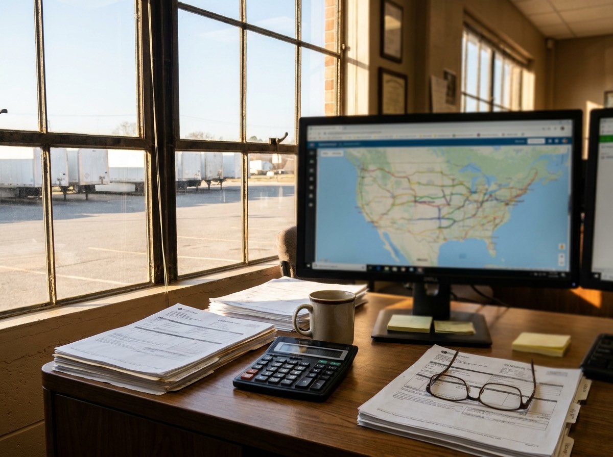 Freight brokerage dispatch desk with paperwork and a monitor showing a route map