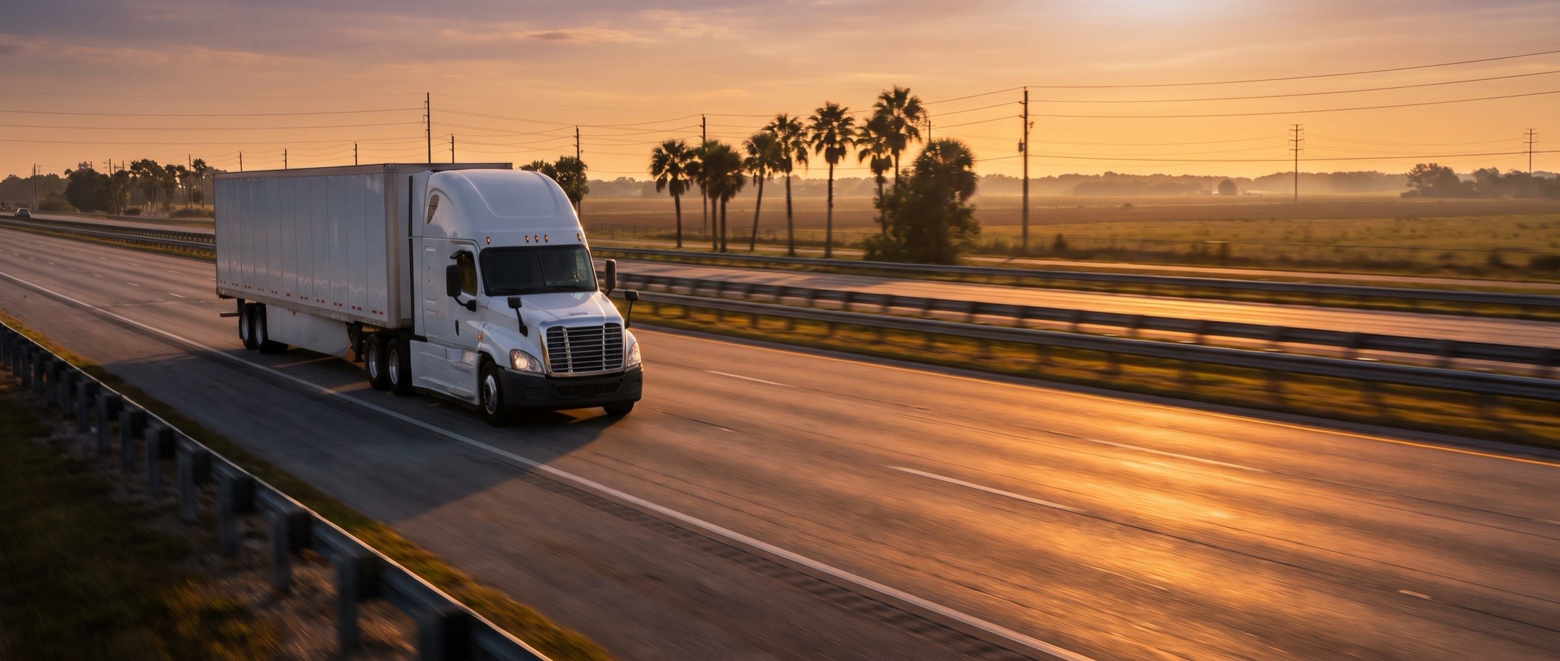 White semi truck hauling freight on a Florida interstate highway at golden hour