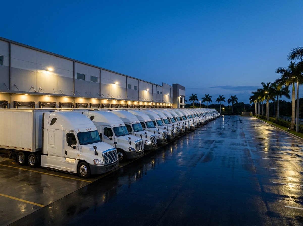 Line of white semi trucks parked at a freight terminal at dusk